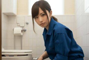 青いジャンプスーツを着た人物が、トイレの横にひざまずいて配管用具を持っている。部屋には白いタイルが敷かれ、背景にはトイレットペーパーのロールが見える。長い茶色の髪を後ろで束ねた人物は、カメラをまっすぐに見つめ、北区緊急水道サービスにおける専門知識を披露している。