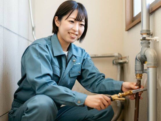 青緑色の作業服を着た女性が、むき出しのパイプのそばにしゃがみ込み、バルブにレンチを熱心に使用しています。彼女は笑顔で、上部の窓から差し込む自然光が差し込む屋内メンテナンスエリアと思われる場所で、明らかに仕事に集中しています。壁はベージュ色で、中野区排水管修理の雰囲気を醸し出しています。