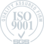 円形デザインの ISO 9001 品質保証ロゴ。上部に「QUALITY ASSURED FIRM」、下部に「SGS」。中央に目立つように「ISO 9001」が表示され、国際品質管理基準への準拠を象徴しています。グレースケールの配色。